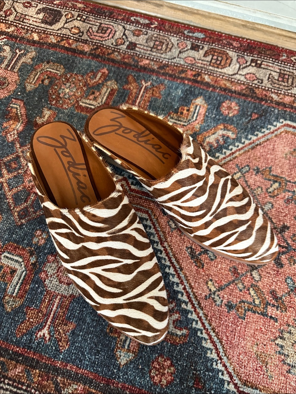 Zodiac Quartz Mules; brown and white zebra print calf hair